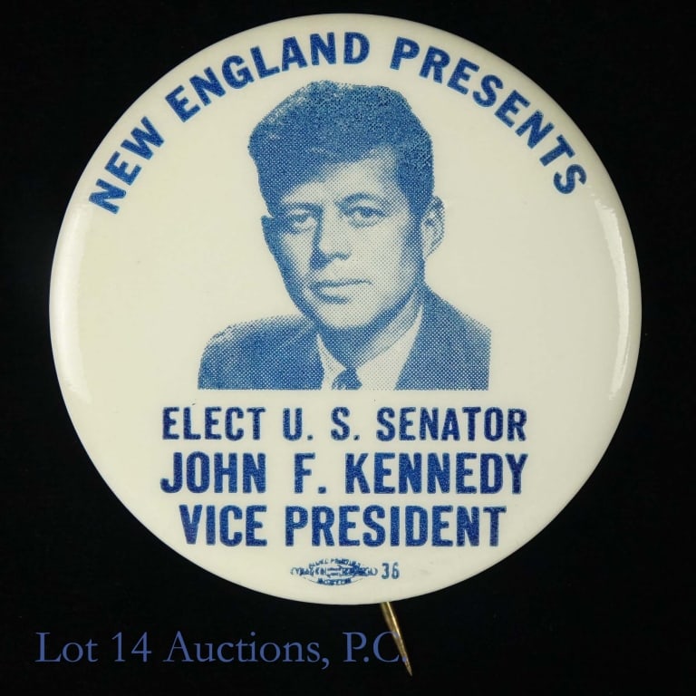 1956 DNC Promoting JFK for V.P.: 1956 John F. Kennedy for Vice President - New England Presents button (2 1/8 inch) litho with portrait of JFK, inscribed "New England Presents - Elect U.S. Senator John F. Kennedy Vice President" issu