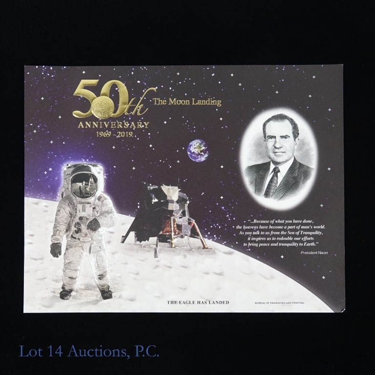 Apollo 11 50th Anniv. Moon Landing/Nixon Comm.: Apollo 11 - 50th Anniversary 1969-2019 The Moon Landing "The eagle has landed". Commemorative printed by the United States' Bureau of Engraving and Printing. Features engraved representation of the "B