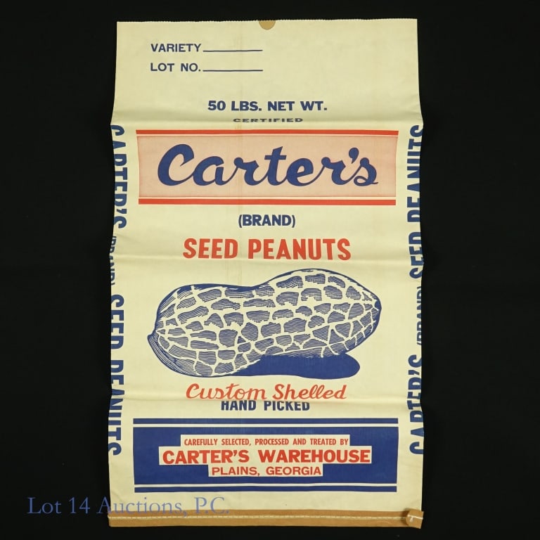 Empty Carter's (Brand) Seed Peanuts Plaines, GA: Empty and unused former President Jimmy Carter's Plaines, Georgia brand seed peanut 50 lbs. bag. It's a heavy duty paper seed bag that is folded for storage, but when unfolded measures about 32 1/2 in
