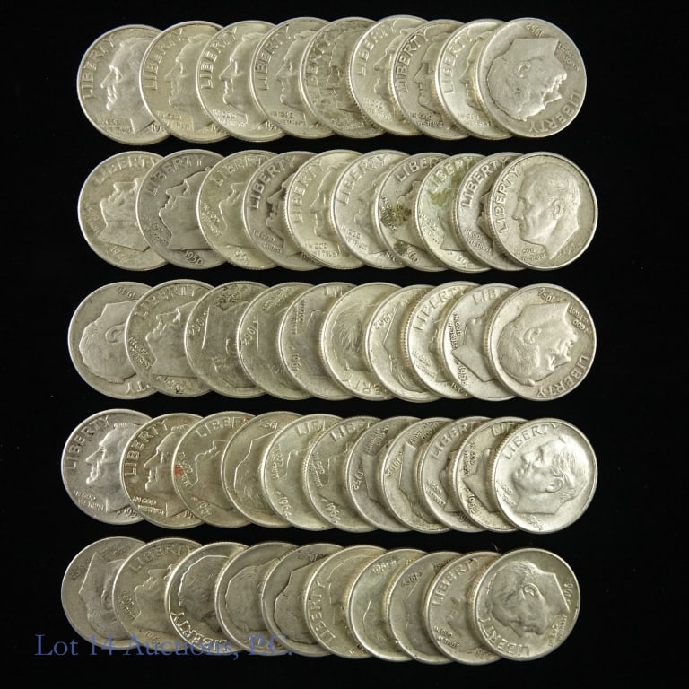 Roll of 90%-Silver Roosevelt Dimes (50): Fifty (50) 90%-silver Roosevelt dimes in plastic holder.