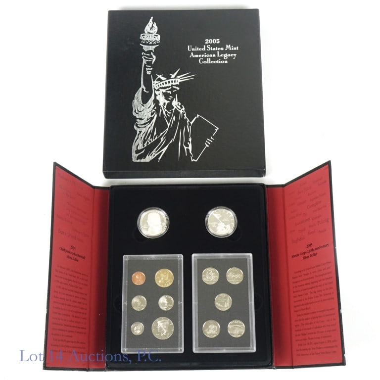 2005-S Silver 11-Coin American Legacy Collection: United States Mint's 2005-S silver proof 11-coin American Legacy Collection (San Francisco Mint) in OGP. Set includes two silver 90% dollars: Chief Justice John Marshall and the 230th anniversary of M
