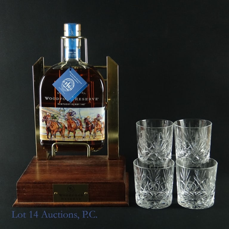 Woodford Reserve Derby 146 Bourbon + More: 2020 Woodford Reserve Distiller's Select Kentucky Derby 146 Kentucky straight bourbon whiskey. 45.2% ABV (90.4 proof). 1 liter. Etch: L007010736. ***** Woodford Reserve branded display stand / cradle 