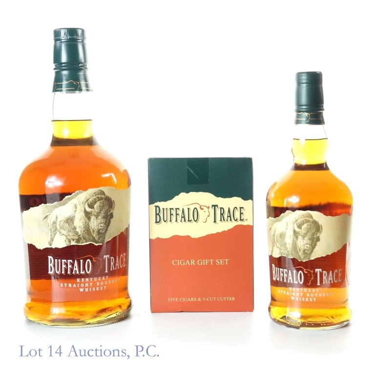 Buffalo Trace Bourbon (2) & Cigar Gift Set: 1-Buffalo Trace Bourbon (2023), 90 Proof, 1.75 Liters. 2-Buffalo Trace Bourbon (2022), 90 Proof, 750 ml, Binny's Private Selection, Batch #13. Buffalo Trace Cigar Gift Set includes 5 cigars and v-cut 
