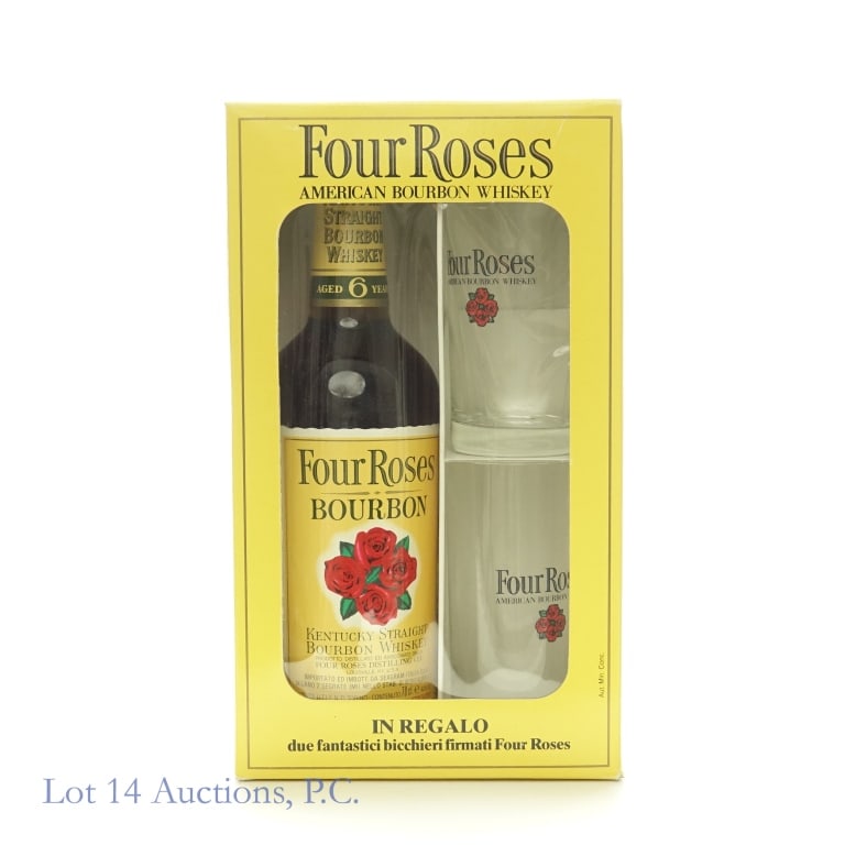 Four Roses Bourbon Gift Set - 6 Yr - Italy Import: Four Roses American Kentucky straight bourbon whiskey gift set - Italian import. 6 years. 40% ABV (80 proof). 70 cl (700 ml). Original box with two Four Roses branded glass tumblers.