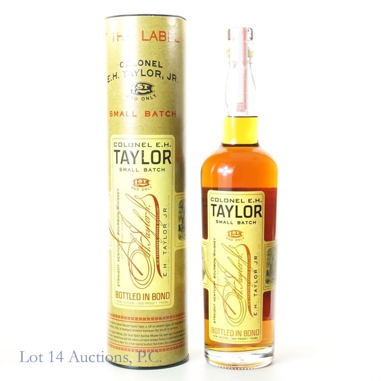 Colonel E.H. Taylor Small Batch Bourbon (2019): Colonel E.H. Taylor small batch straight Kentucky bourbon whiskey. Bottled in bond (100 proof). 750 ml. Incomplete etch: 91890120:57D. Original canister, slight dent on side and on cap.