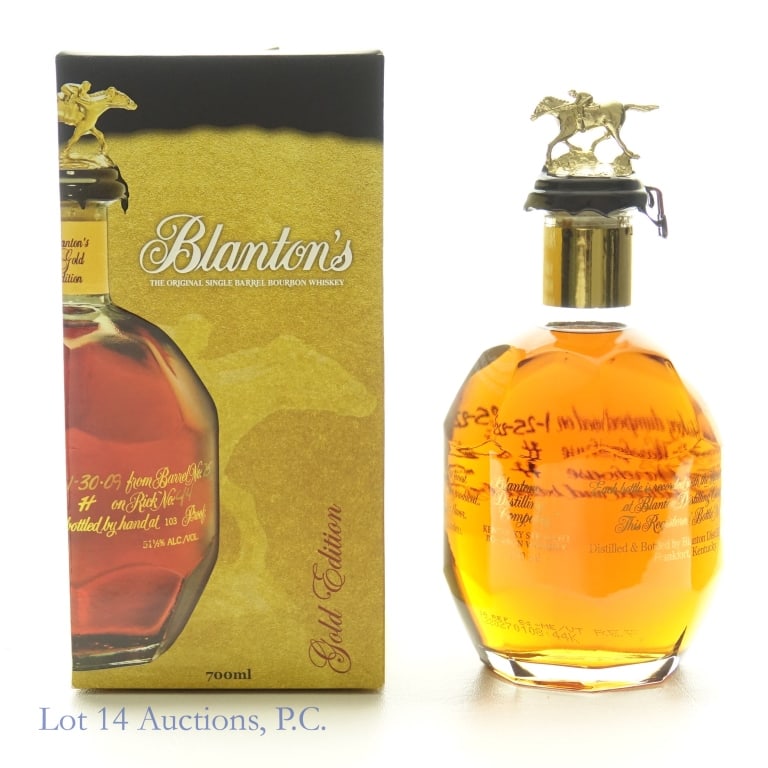 Blanton's Gold Edition Bourbon "N": Blanton's Gold Edition single barrel Kentucky straight bourbon whiskey. 51.5% ABV (103 proof). 70 cl (700 ml). Dumped on 1-25-22 from barrel No. 481 in Warehouse H on rick No. 58. Bottle No. 137. "N" 