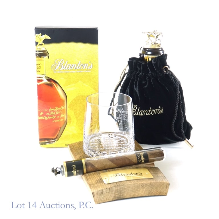 Blanton's Gold Edition Bourbon Gift Set "N" 750ml: Blanton's Gold Edition Single Barrel Bourbon, 103 Proof, 750 ml, Letter N, Dump Date: 10-05-22, Barrel #678, Bottle #186. Gift Set includes Blanton's Wooden Stave Cigar Coaster, 1 Old Fashioned Glass,