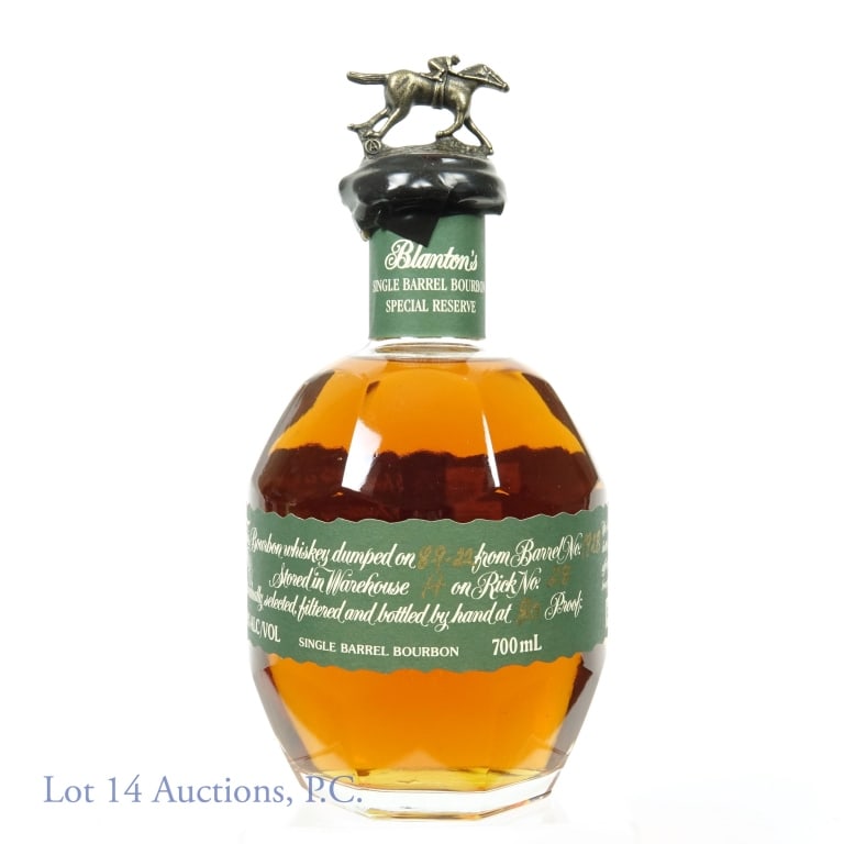 Blanton's GREEN Single Barrel Bourbon Whiskey-"A": Blanton's Green Special Reserve Single Barrel Bourbon Whiskey, Special Reserve. Dumped on 8-9-22, Barrel No. 1928, Warehouse H, Rick No. 28, Bottle No. 314. 700ml, 80 proof. Topper "A" consigned with 