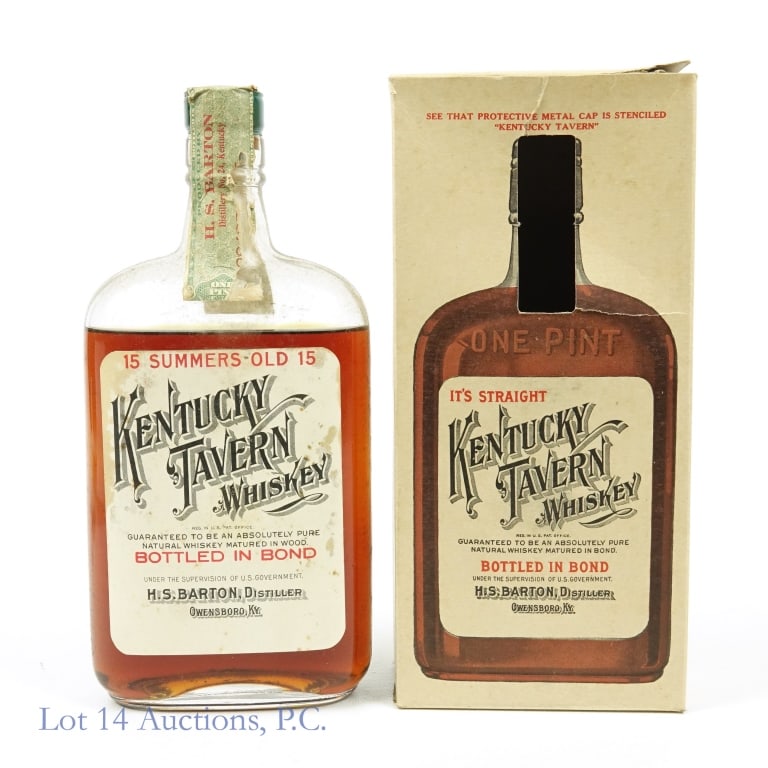 1933 Kentucky Tavern Whiskey - PrePro BiB Box: Kentucky Tavern Whiskey. 15 years (Barreled Fall 1917 - Bottled Spring 1933). Bottled in bond (100 proof). 1 pint. Low shoulder fill. Original box (lid has two tears on seams, but box is otherwise in 