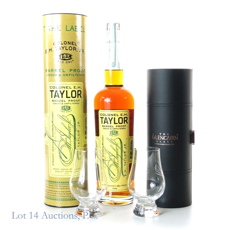 Colonel E.H. Taylor Barrel Proof Bourbon Batch 12: Colonel E.H. Taylor Barrel Proof Bourbon (2023), 131.1 Proof, 750 ml, Batch #12, Cylinder tube included. Gift Set includes 2 Glencairn glasses in travel case.