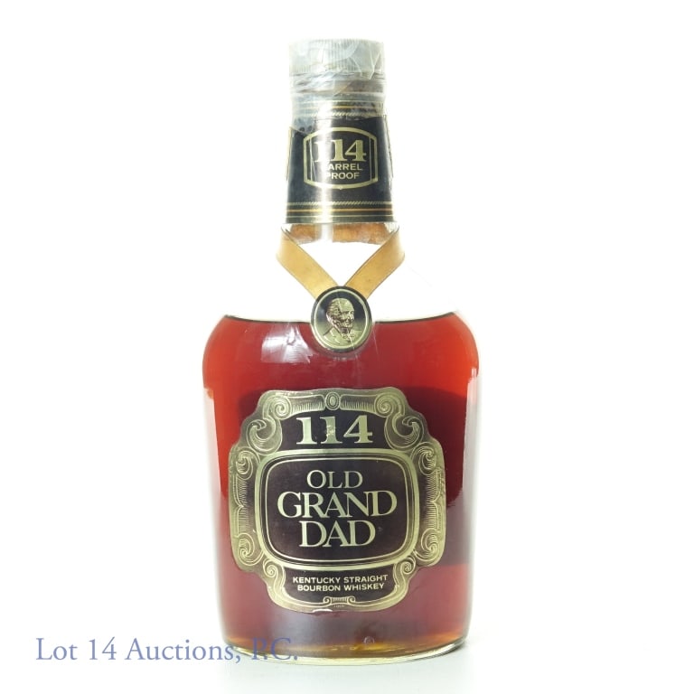 Old Grand Dad 114 Barrel Proof Bourbon 1982?: Old Grand Dad 114 Barrel Proof Kentucky Straight Bourbon Whiskey. 82 embossed on the bottom. 114 proof, 750ml. "Do Not Purchase If This Seal Is Broken" strip intact. Dusty sediment on bottom (see pict
