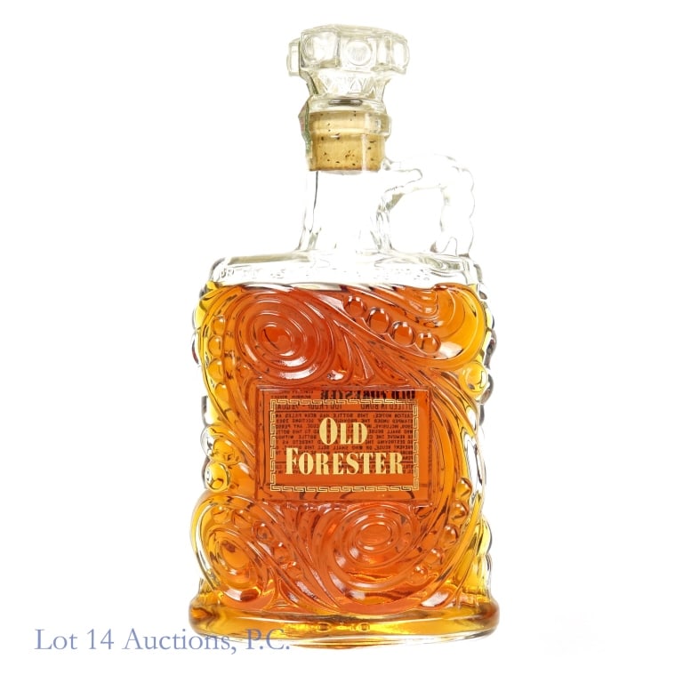 1952 Old Forester Bourbon Whiskey - BiB: Old Forester Kentucky straight bourbon whiskey - jug style glass decanter. 4 years (barreled Spring 1948 - bottled Fall 1952). Bottled in bond (100 proof). 4/5 quart. Low shoulder fill. Brown-Forman D