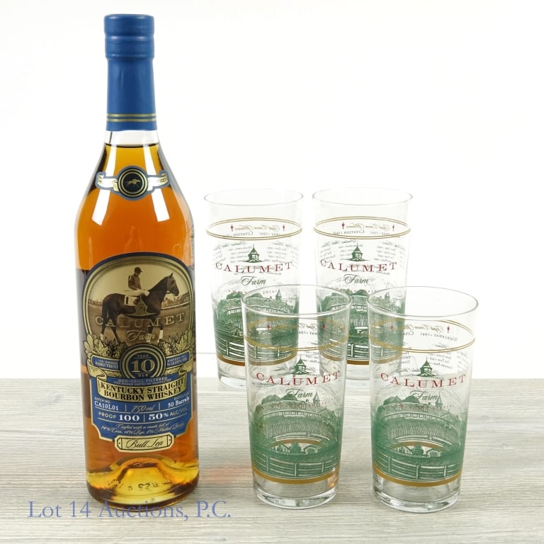 Calumet Farm 10 Yr Bourbon (CA10L01) + 4 Tumblers: Calumet Farm Kentucky straight bourbon whiskey - Batch CA10L01 (limited to 50 barrels). 10 years. 50% ABV (100 proof). 750 ml. ***** Four Calumet Farm branded glass tumblers, honoring their Triple Cro
