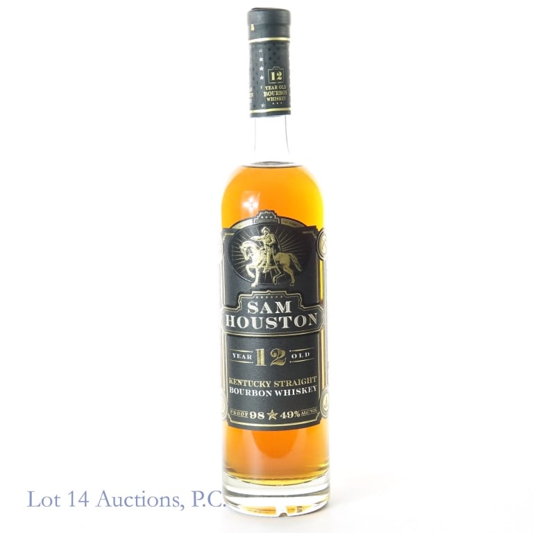 Sam Houston 12 Yr Bourbon Whiskey - Batch OH-1: Sam Houston Kentucky straight bourbon whiskey - Batch OH-1 (Ohio). 12 years. 49% ABV (98 proof). 750 ml. Bottle No. 15 / 572. Barreled 4/2007. American white oak barrels with #4 char level staves. Mas