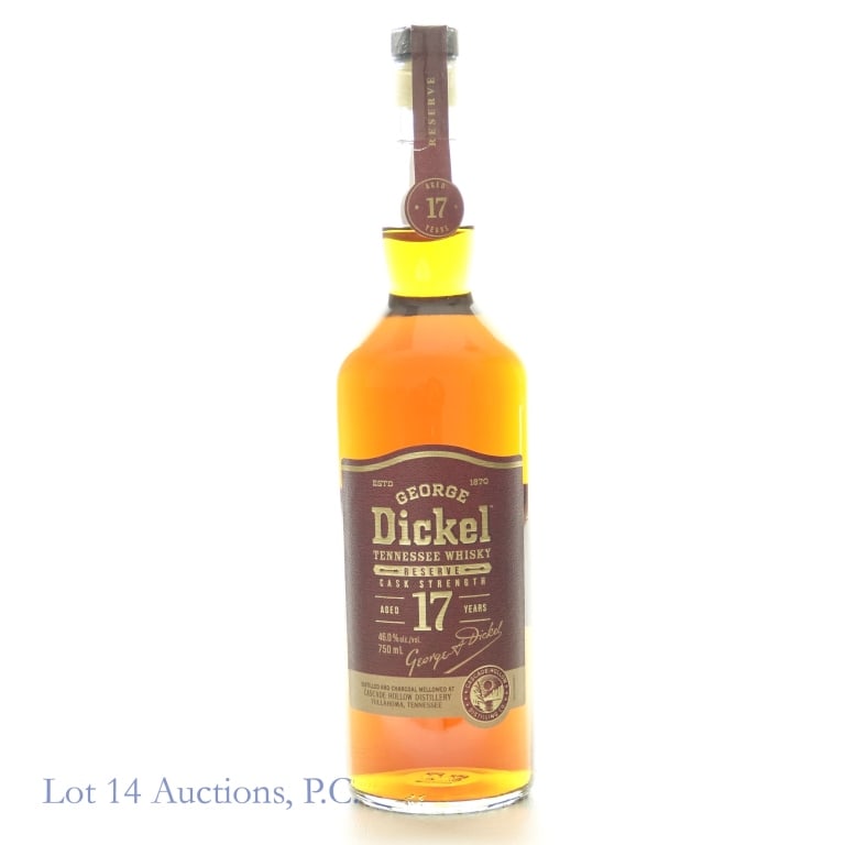 George Dickel 17 Year Reserve Tennessee Whiskey: George Dickel 17 Year Reserve Tennessee Whiskey, 92 Proof, 750 ml, Small tear in paper seal, plastic seal in good condition.