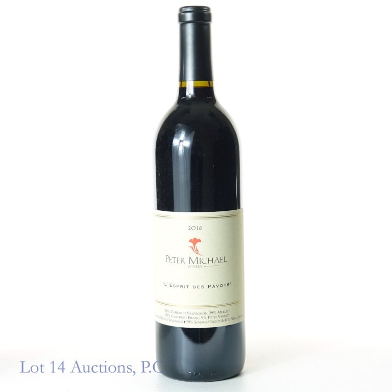 2016 Peter Michael L'Esprit des Pavots Red Blend: 2016 Peter Michael L'Esprit des Pavots Red Blend, 15.3% ABV, 750 ml, Vintage: 2016, Region: 59% Sonoma County, 41% Napa County, California. Consignor (sole owner of bottles) stored wine at East Bank S