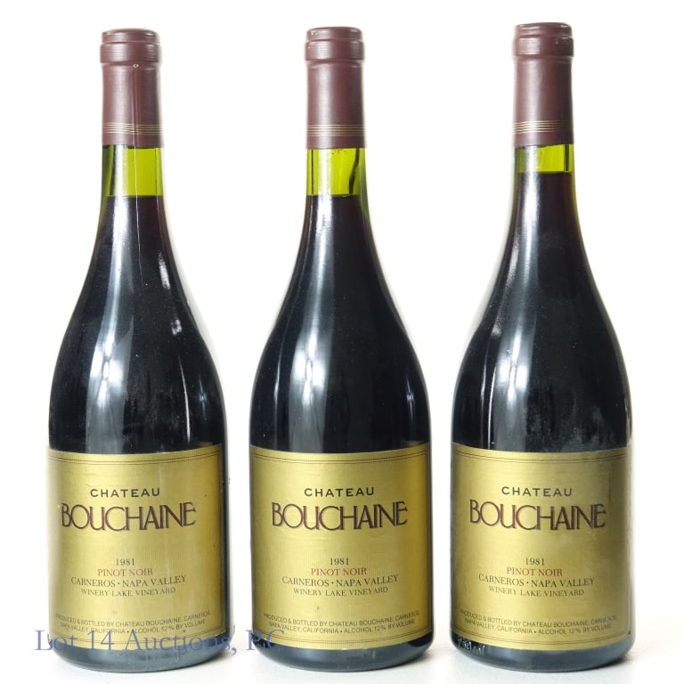 1981 Chateau Bouchaine Napa Valley Pinot Noir (3): 3x 1981 Chateau Bouchaine Napa Valley Pinot Noir, 12% ABV, 750 ml, Vintage: 1981, Region: Napa Valley, Californa.
