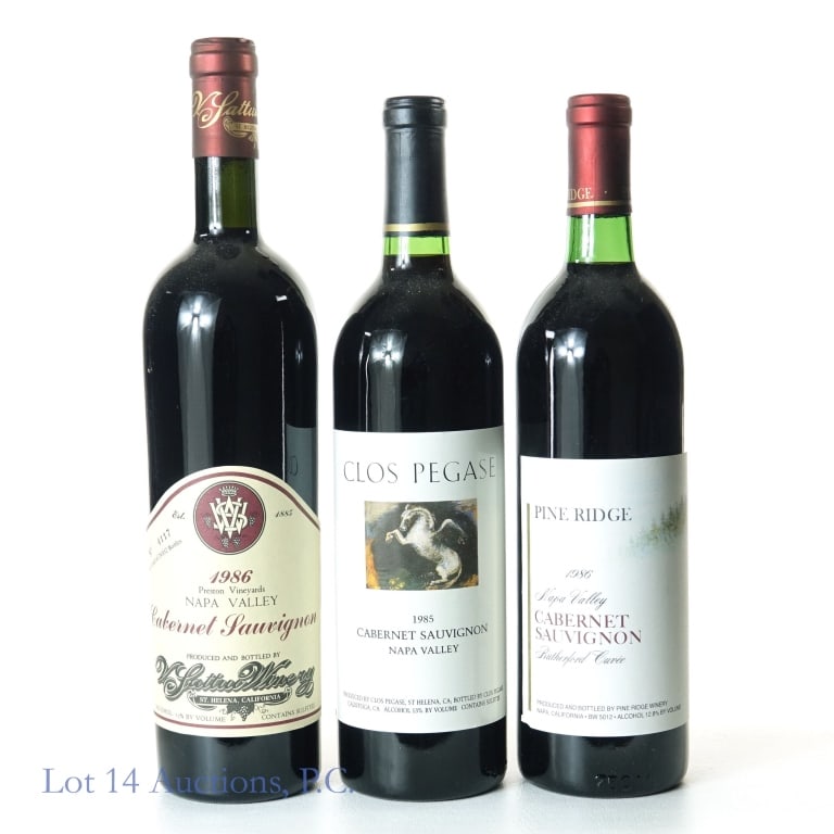 Mixed Napa Valley Cabernet Sauvignon (3): 1-1985 Clos Pegase Napa Valley Cabernet Sauvignon, 13% ABV, 750 ml, Vintage: 1985, Region: Napa Valley, California. 2-1986 V. Sattui Preston Vineyards Napa Valley Cabernet Sauvignon, 13% ABV, 750 ml, 