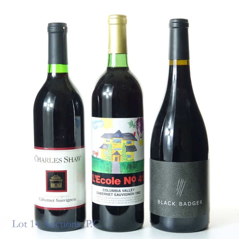 Mixed Red Wines (3): 1-1992 L'Ecole No. 41 Columbia Valley Cabernet Sauvignon, 13% ABV, 750 ml, Vintage: 1992, Region: Lowden, Washington. 2- 2005 Charles Shaw California Cabernet Sauvignon, 12.5% ABV, 750 ml, Vintage: 20
