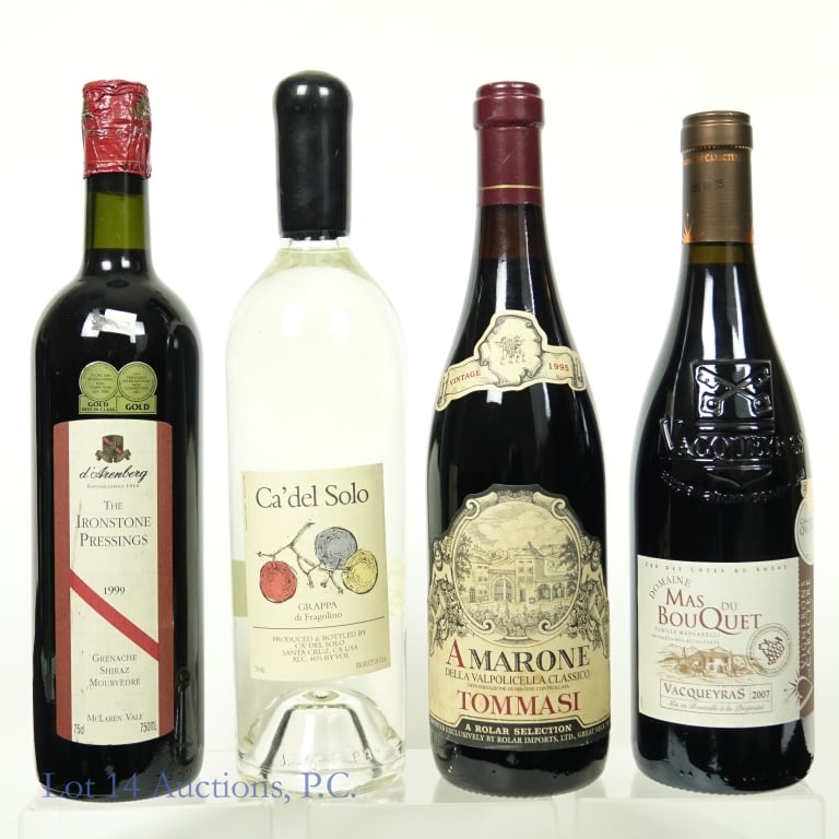 1995, 1999, 2007 Red Wines & Grappa (4): 1-1995 Tommasi Amarone della Valpolicella Classico (DOC), 15% ABV, 750 ml, Vintage: 1995, Region: Verona, Italy. 2-1999 d'Arenberg The Ironstone Pressings Red Blend, 14.5% ABV, 750 ml, Vintage: 1999, 