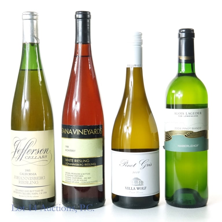 Mixed White Wine (4): 1-2004 Alois Lagender Haberlehof Pinot Bianco, 13% ABV, 750 ml, Vintage: 2004, Napa, California. 2-2012 Villa Wolf Pinot Gris, 12.5% ABV, 750 ml, Vintage: 2012, Region: Rhine River Valley, Germany. 3-