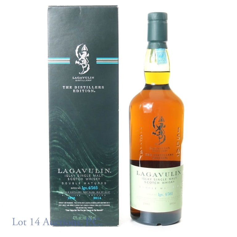 Lagavulin Single Malt Scotch - Dist. Edition: Lagavulin Islay Single Malt Scotch Whisky - The Distillers Edition. Double matured. 86 proof. 750 ml. Batch No. lgv.4/503. Distilled in 1998 and Bottled in 2014. With box. Box does have some damage on