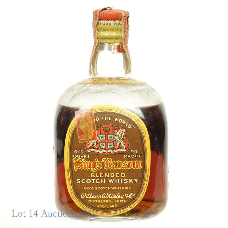 King's Ransom Scotch Whisky (1940s - 94 Pr): King's Ransom blended Scotch whisky. 94 proof. 4/5 quart. Series 111 tax strip (1944-1960). Shoulder fill. William Whiteley & Co. Neck label: "Due to the exigencies of war changes in the packaging of 