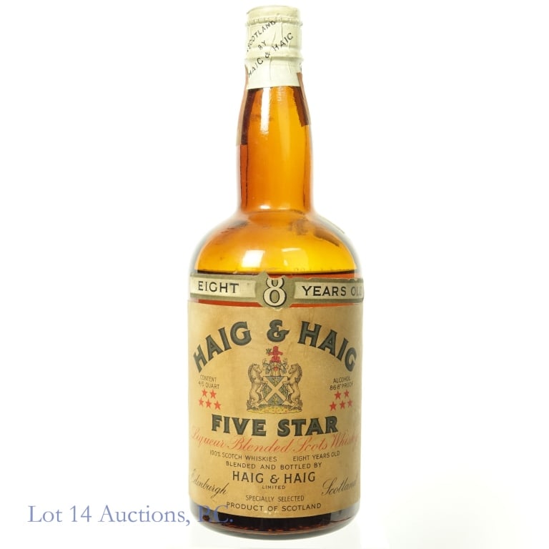 Haig & Haig Five Star Scots Whisky (1940s / 50s?): Haig & Haig Five Star blended Scots whisky - spring cap bottle. 8 years. 86.8 proof. 4/5 quart. Below shoulder fill. Remnants of a denominated tax strip (1944 - 1960 or earlier). Bottle embossed "Fede