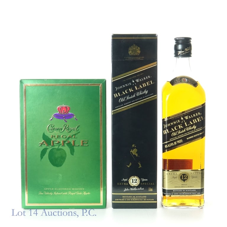 Johnnie Walker 12 Yr Black & Crown Royal Apple (2): 1-Johnnie Walker 12 Year Black Label Blended Scotch, 80 Proof, 750 ml, Box included. 2-Crown Royal Regal Apple Flavored Whisky, 70 Proof, 750 ml, Sealed in box.