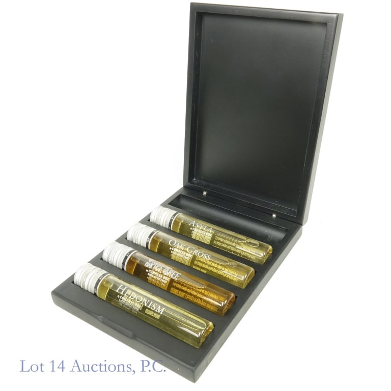 Compass Box Scotch Whisky Mini-Bottle Set: Boxed set of four 50 ml bottles from the Compass Box Whisky Company. The four selections: Spice Tree blended malt Scotch whisky (46% ABV), Hedonism blended grain Scotch whisky (43% ABV), Oak Cross ble