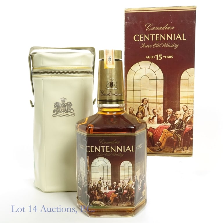 1967 Gooderham's Centennial Canadian Whisky: 1967 (1954 dated tax strip) Gooderham's Canadian Centennial rare old whisky. 15 years (yes, we saw that, too). 25 oz. Distillery bottle registration No. A-185295. Original (rougher condition) box and 