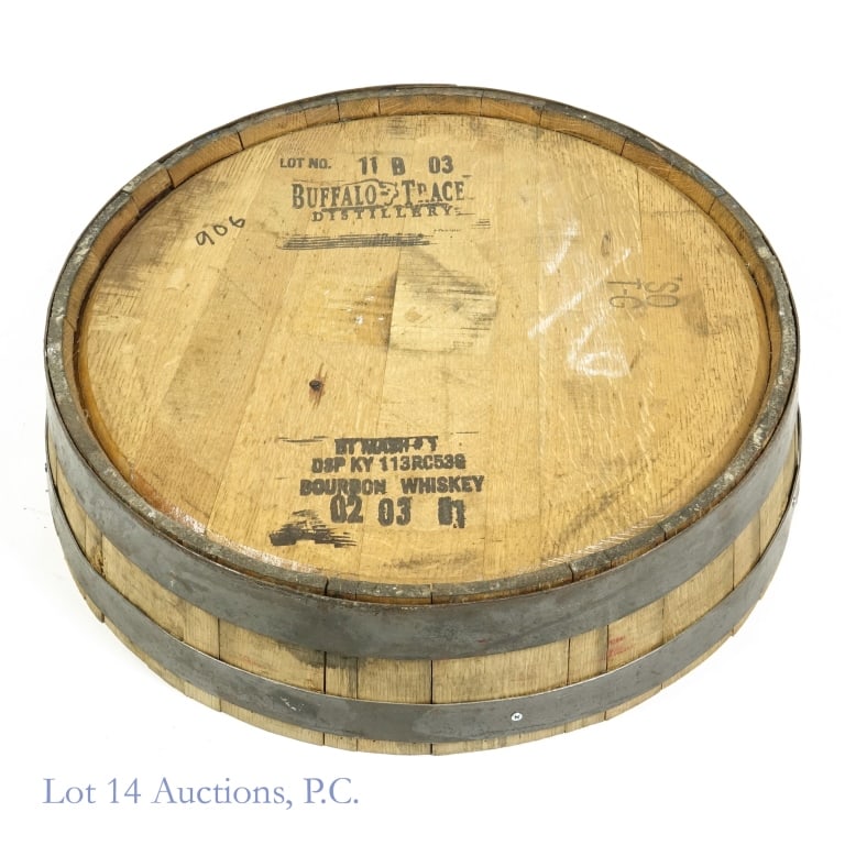 Buffalo Trace Barrel Head + Top Wall Advertisement: ***LOCAL PICK-UP OR 3rd party shipping only. Lot 14 Auctions will not ship this from our facility. *** Barrelhead and top part of a barrel advertising Buffalo Trace bourbon whiskey. Base (hangs agains