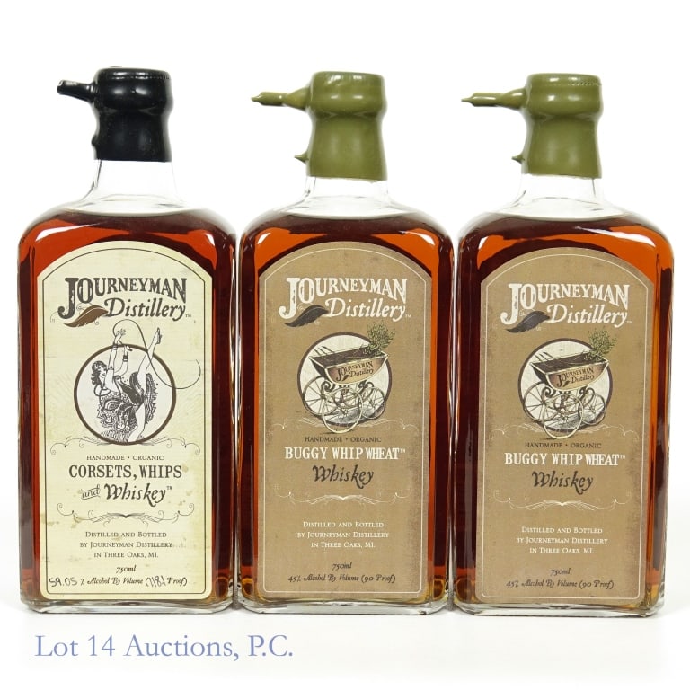 Journeyman Buggy Whip + Corsets Whips Whiskey (3): 1 bottle of Journeyman Distillery Corsets, Whips and Whiskey - Batch 28. 59.05% ABV (118.1 proof). 750 ml. Bottle No. 888. 2 bottles of Journeyman Distillery Buggy Whip Wheat Whiskey - Batch 57. 45% A