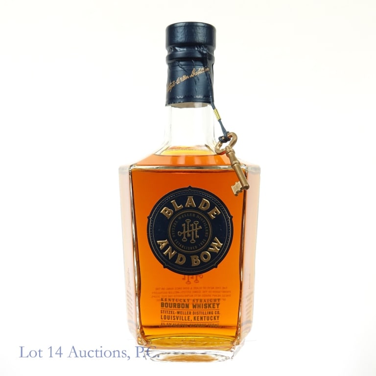 Blade and Bow Bourbon: Blade and Bow Kentucky straight bourbon whiskey. 45.5% ABV (91 proof). 750 ml. Etch: L1183ZE00120:50:25. Metal key neck tag present. Stitzel-Weller Distilling, Co.