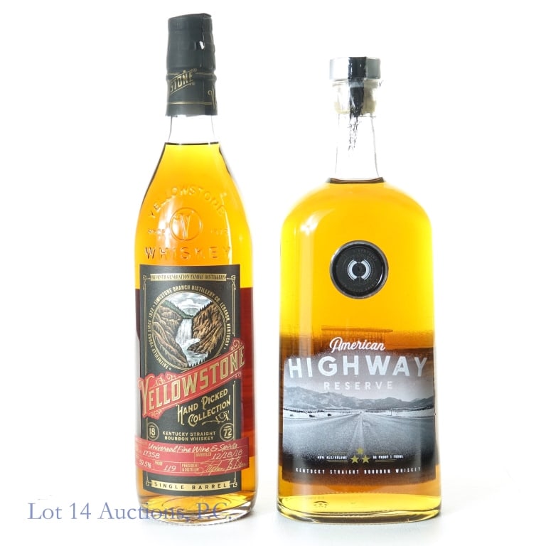 Yellowstone Pick & American Highway Bourbon (2): 1-Yellowstone Hand Picked Collection Bourbon, 119 Proof, 750 ml, Universal Fine Wine & Spirits, Barreled: 12-18-18, Barrel #17358. 2-American Highway Reserve Bourbon, 96 Proof, 750 ml.