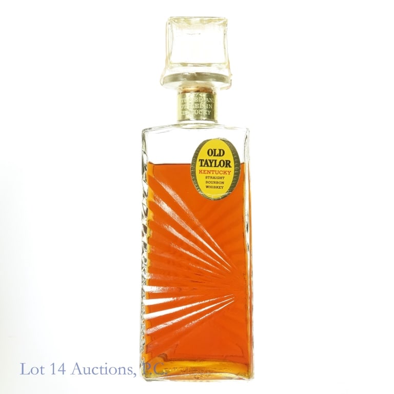 Old Taylor Bourbon - NOT Sealed (1960s / 70s): Old Taylor Kentucky straight bourbon whiskey. 4 years. 86 proof. 4/5 quart. NOT sealed - fill is approximately 1.5" below flat top of bottle. Series 112 (Internal Revenue) tax strip (1960 - 1977).