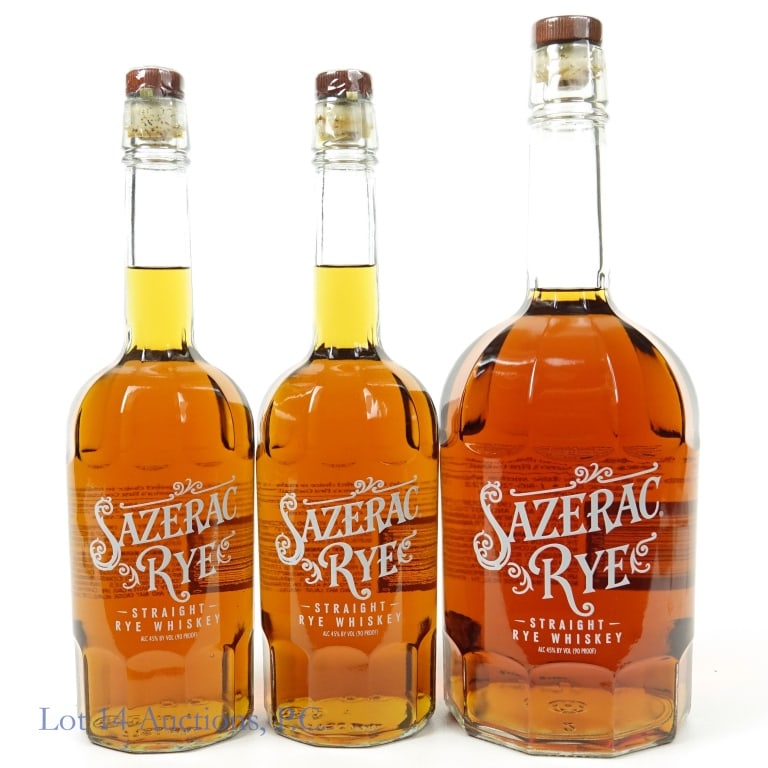 Sazerac Rye Whiskey - 1.75 Liters + 750 ml (2): Sazerac straight rye whiskey. 45% ABV (90 proof). 1.75 liters. Buffalo Trace Distillery. ****** Two Sazerac straight rye whiskey. 45% ABV (90 proof). 750 ml. Etch: L22281 0115:41B and L22281 0113:47B.