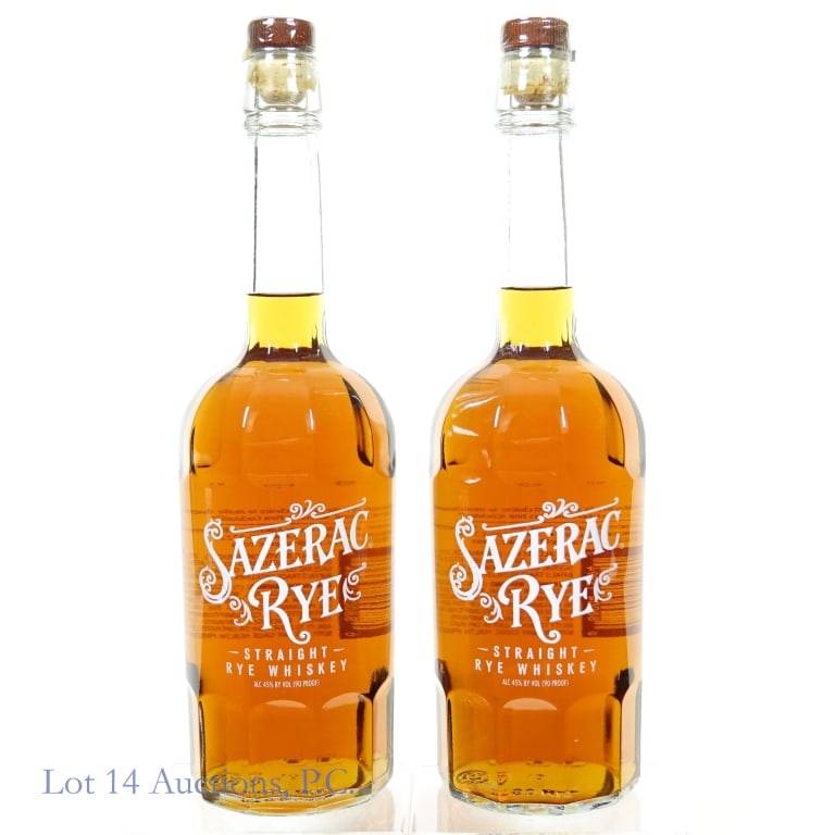 Sazerac Straight Rye Whiskey (2): 2 bottles of Sazerac straight rye whiskey. 45% ABV (90 proof). 750 ml. Buffalo Trace Distillery. Etches: L21060 0100:45B and L21060 0104:33B.