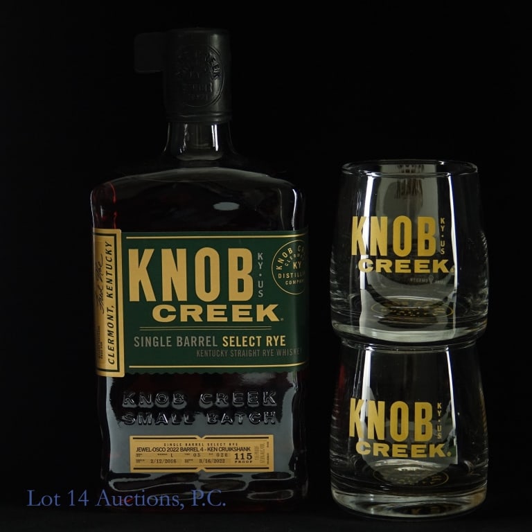 2016 Knob Creek Rye Whiskey Pick + 2 Tumblers: Knob Creek single barrel select Kentucky straight rye whiskey. Barreled 2/12/2016. 115 proof. 750 ml. Warehouse L, Floor 05, Rick 026. Barrel 4 selected 3/16/2022 for Jewel-Osco (Itasca, Il) Ken Cruik