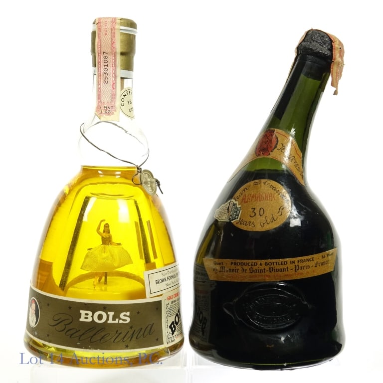 Bols Golde Creme de Menthe + Jean L Armagnac 30 Yr: Jean Levasseur Armagnac. 30 years. 84 proof. 1 quart. Series 111 tax strip (1944 - 1960). Fill is at base of neck. ***** Bols Gold Creme de Menthe in Ballerina Bottle. Music box (Blue Danube) works, b