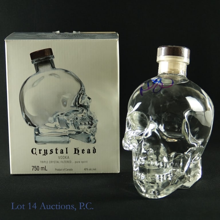 Crystal Head Vodka (Dan Aykroyd Signed): Crystal Head vodka. 40% ABV (80 proof). 750 ml. Skull bottle signed by actor, writer, and supernatural enthusiast Dan Aykroyd.