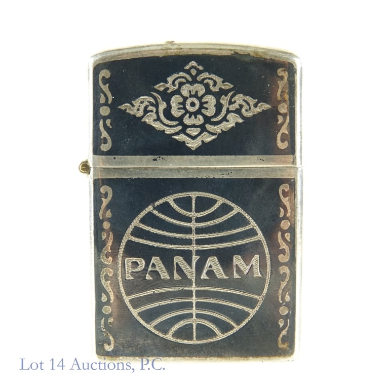 Pan Am Engraved Sterling Lighter: Pan Am Engraved Lighter, Outer Shell weighs 27.27 g, Pan Am engraving with floral patterns and Hindu Goddess, Made in Siam.