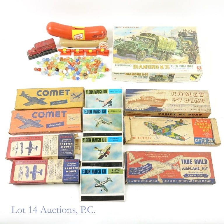 Model Kits, Marbles, Weinermobile Bank, More: Glass marbles. 1.25 pounds (575 grams). ****** Oscar Mayer Weinermobile coin bank. Approximately 9.75 long. Also includes four Weinermobile whistles and 1995 Weinermobile pog. Bandai #6421-600 plastic