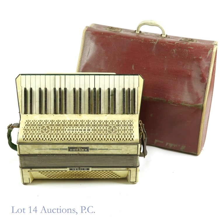 Hohner Verdi III Accordion (Read Shipping Note): *** NOTE: Lot 14 Auctions will ship this lot, but will not insure this lot. Please note this if shipping is needed. *** From McGonigal's Pub in Barrington - a Hohner Verdi III accordion. When bellows