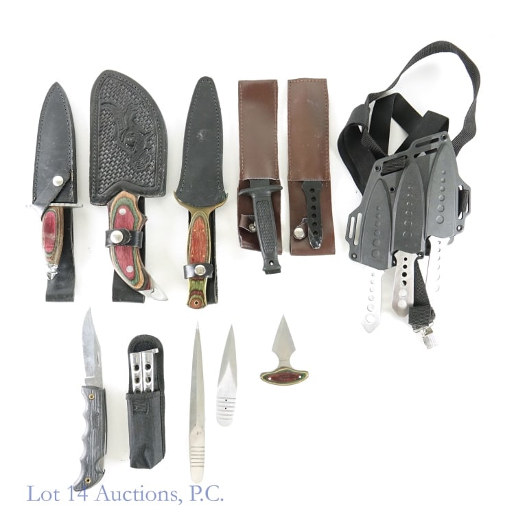 Collection of Throwing, Hunting, EDC Knives (13): 13 knives - various styles and countries of origin. Four Frost Cutlery knives. Rostfrei butterfly knife. Trio of United throwing knives. See photos for complete collection.