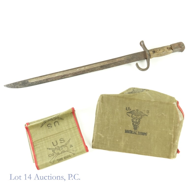 Bayonet (WWII Japan ??) + 2 Toy Army Tents: Bayonet, per consigner, WWII Japan. wooden handle has two missing parts. Heavy oxidation. Blade is approximately 14.5" long. ***** Two cloth tents from a US Army playset. One is marked "medical corps"