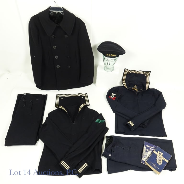 US Navy Uniform, Peacoat, Books 1940s / 50s: United States Navy uniform - likely from late 1940s or early 1950s. Peacoat from Naval Clothing Factory. Lining is torn inside the coat at top (where size tag might be). *** Pants - genuine bell botto