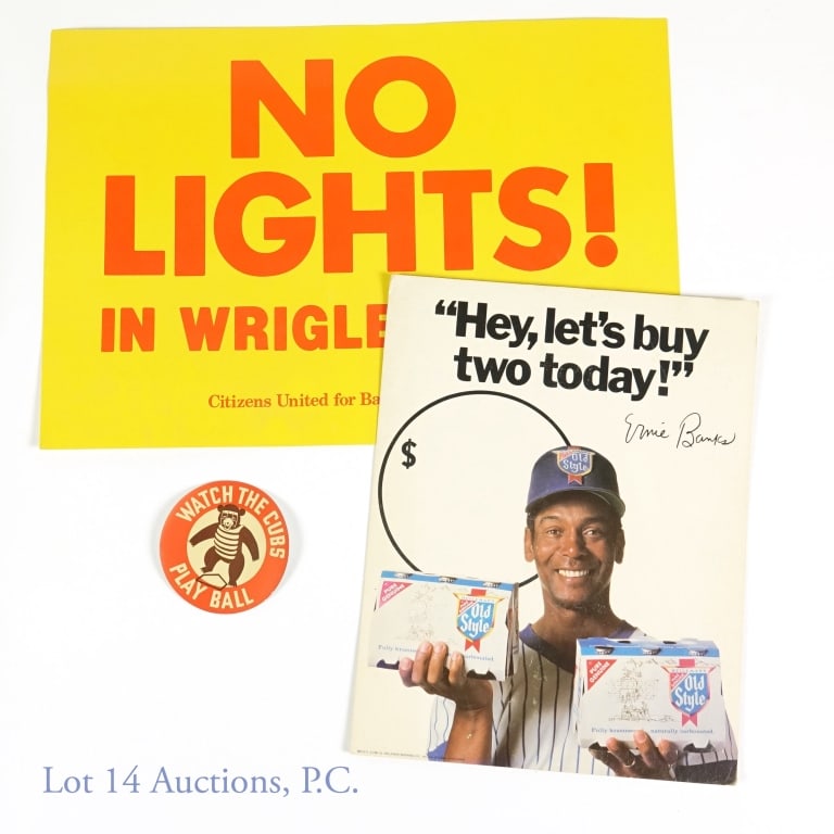 Chicago Cubs Advertising Lot: Includes: Ernie Banks Helleman's Beer ad poster, Chicago Cubs play ball 1939 baseball schedule, and No Lights In Wrigley Field Citizens United for Baseball in Sunshine poster.