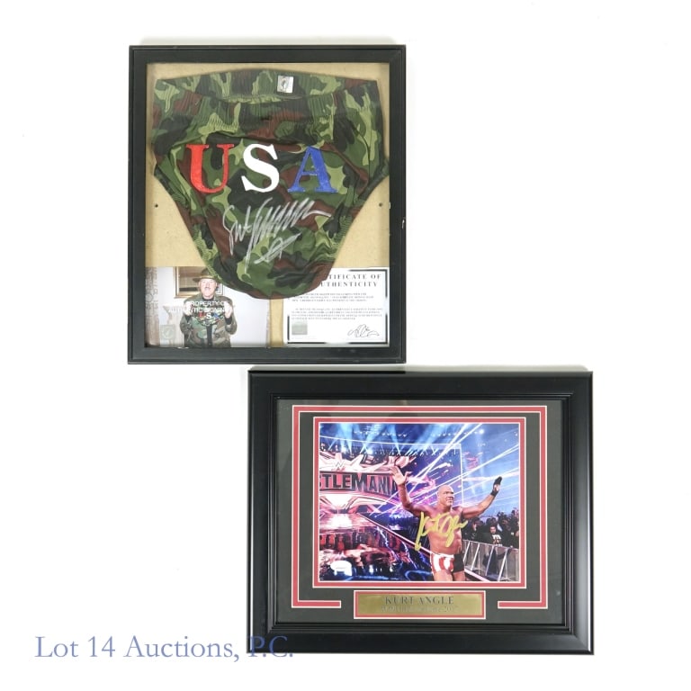 Kurt Angle + Sgt. Slaughter Wrestling Autographs: Kurt Angle signed 8.5" x 10" color photograph, matted and framed with plaque. Frame is 16-5/8" x 13-3/8". JSA Witnessed certificate with number matching sticker on picture. ***** Sergeant Slaughter si