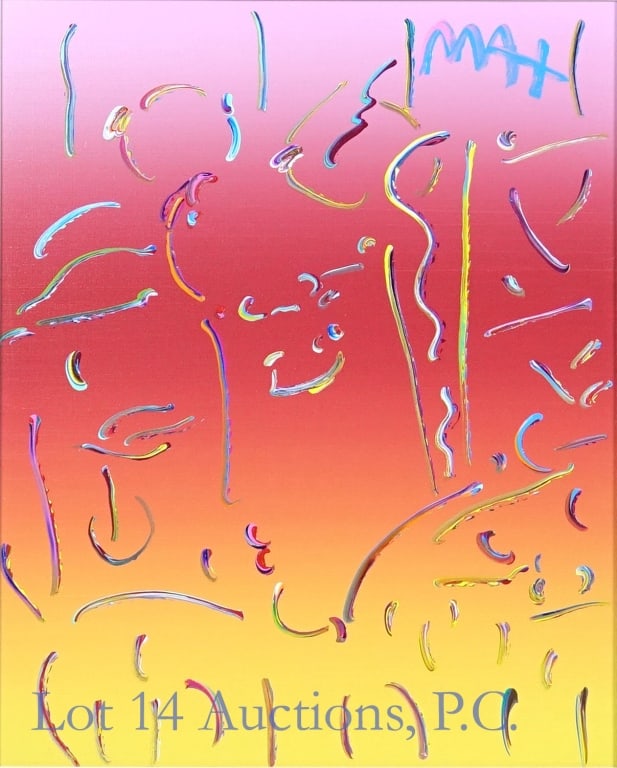 Peter Max Framed Midnight Profile Ver X #132, 2017: Max, Peter Midnight Profile Ver. X #132 2017, Visible Art approximately 21 1/4" x 17", Silver Frame approximately 33" x 29". Acrylic painting on canvas. Hand signed in pigment in upper right corner by